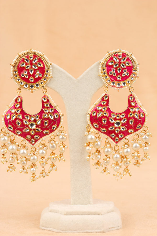 Heavy And Large Earrings In Hot Pink Color With Pearls Attached (E002-HP-B1)