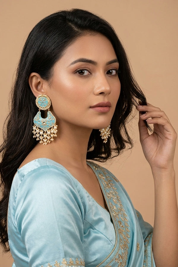 Heavy And Large Earrings In Light Blue Color With Pearls Attached