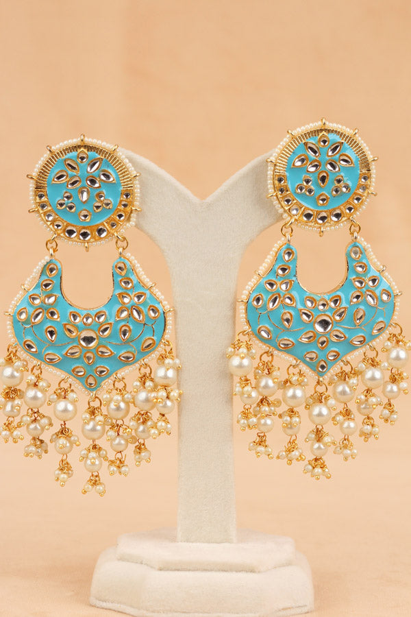 Heavy And Large Earrings In Light Blue Color With Pearls Attached (E002-LB-B1)