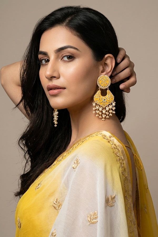 Heavy And Large Earrings In Yellow Color With Pearls Attached