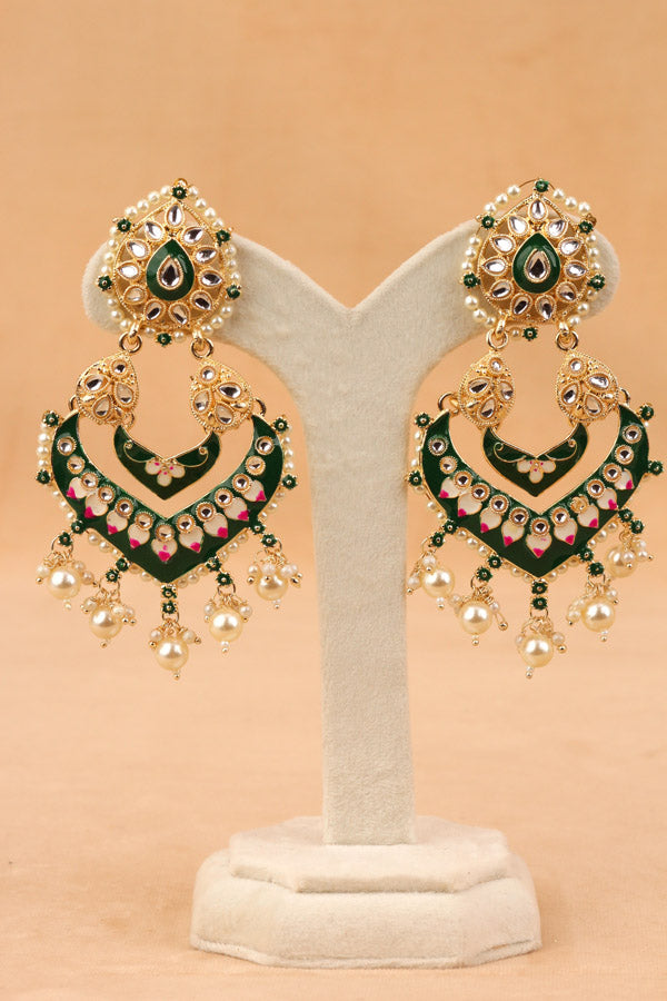 Large Fashionable Earrings In Green Color And White Pearls Attached (E003-G-B1)