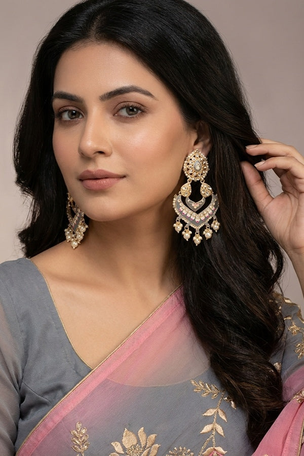 Large Fashionable Earrings In Grey Color And White Pearls Attached
