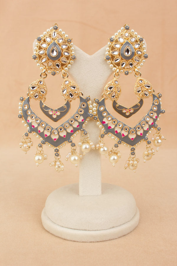Large Fashionable Earrings In Grey Color And White Pearls Attached (E003-GY-B1)
