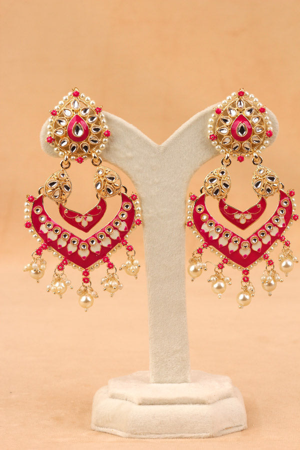 Large Fashionable Earrings In Hot Pink Color And White Pearls Attached (E003-HP-B1)