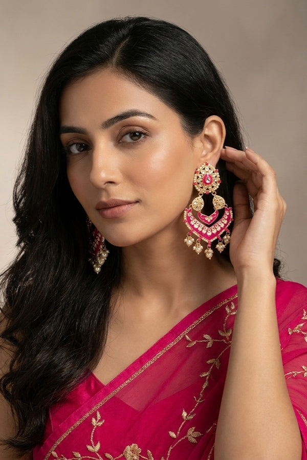 Large Fashionable Earrings In Hot Pink Color And White Pearls Attached
