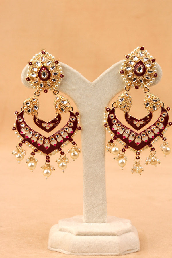 Large Fashionable Earrings In Maroon Color And White Pearls Attached (E003-M-B1)