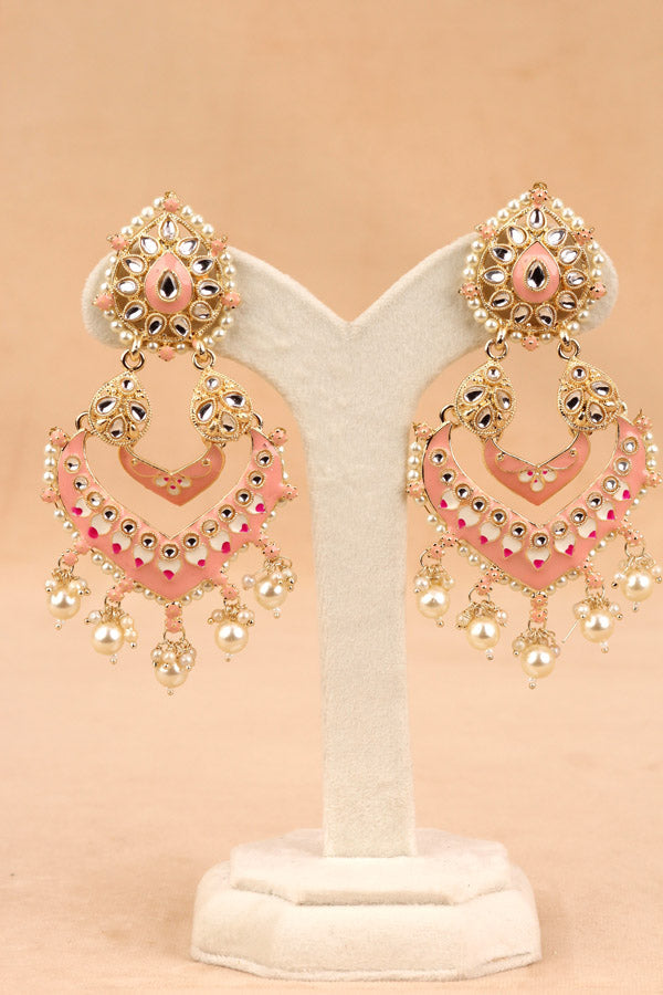 Large Fashionable Earrings In Pink Color And White Pearls Attached (E003-P-B1)