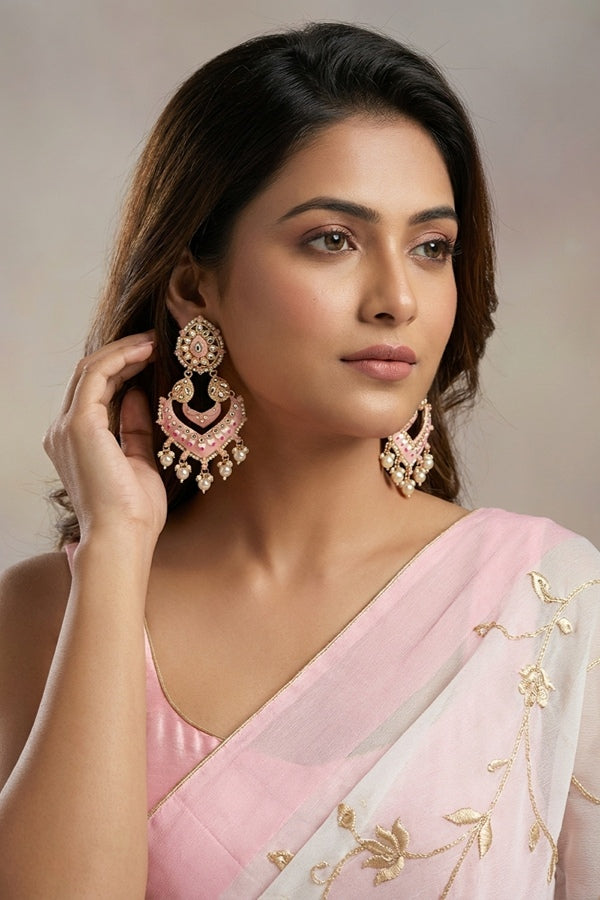 Large Fashionable Earrings In Pink Color And White Pearls Attached