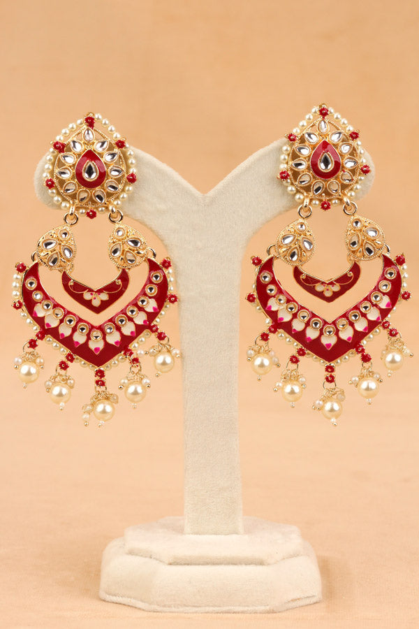 Large Fashionable Earrings In Red Color And White Pearls Attached (E003-R-B1)