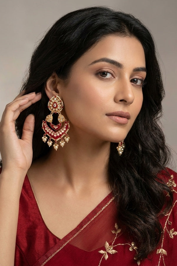 Large Fashionable Earrings In Red Color And White Pearls Attached