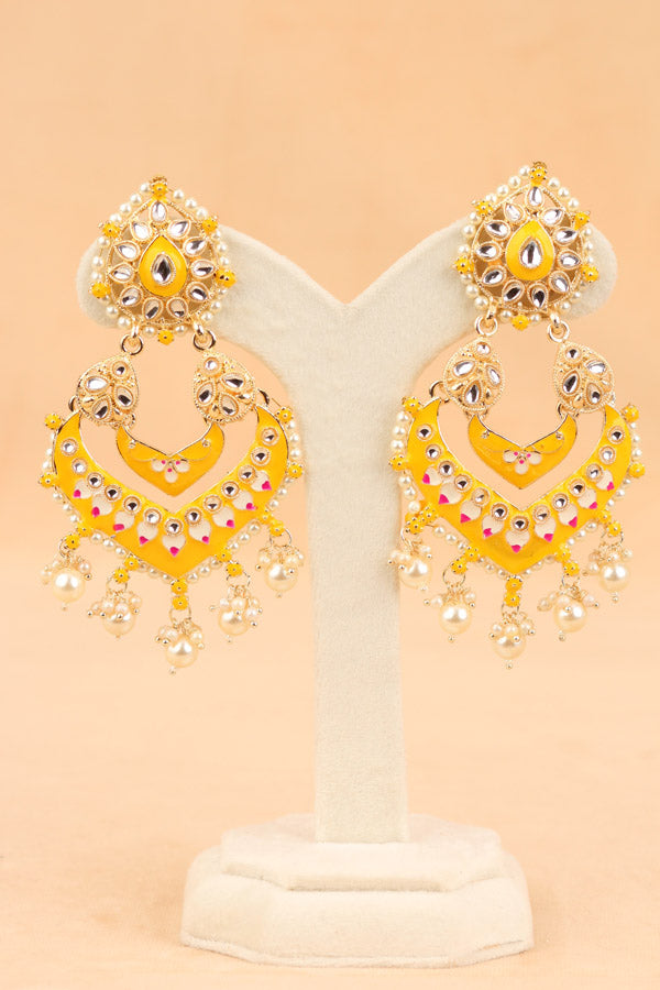 Large Fashionable Earrings In Yellow Color And White Pearls Attached (E003-Y-B1)