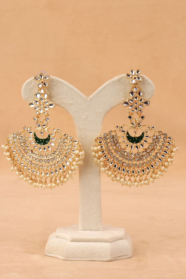 Long Fashionable Dangler Earrings In A Slightly Green Color Attached With Stones And Pearls (E004-G-B1)