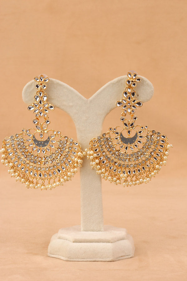 Long Fashionable Dangler Earrings In A Slightly Grey Color Attached With Stones And Pearls (E004-GY-B1)