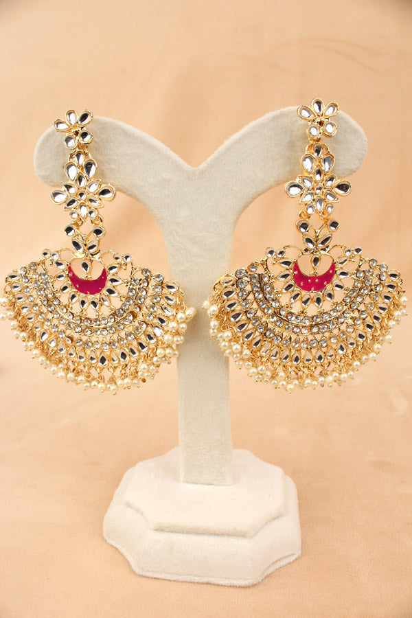 Long Fashionable Dangler Earrings In A Slightly Hot Pink Color Attached With Stones And Pearls (E004-HP-B1)