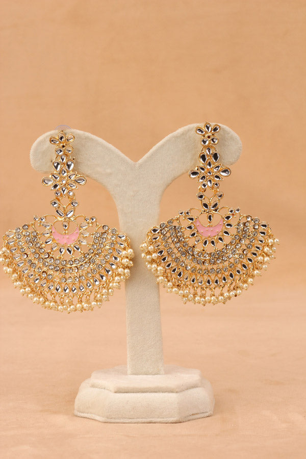 Long Fashionable Dangler Earrings In A Slightly Pink Color Attached With Stones And Pearls (E004-P-B1)