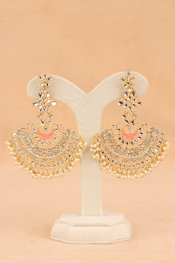 Long Fashionable Dangler Earrings In A Slightly Peach Color Attached With Stones And Pearls (E0004-PE-B1)