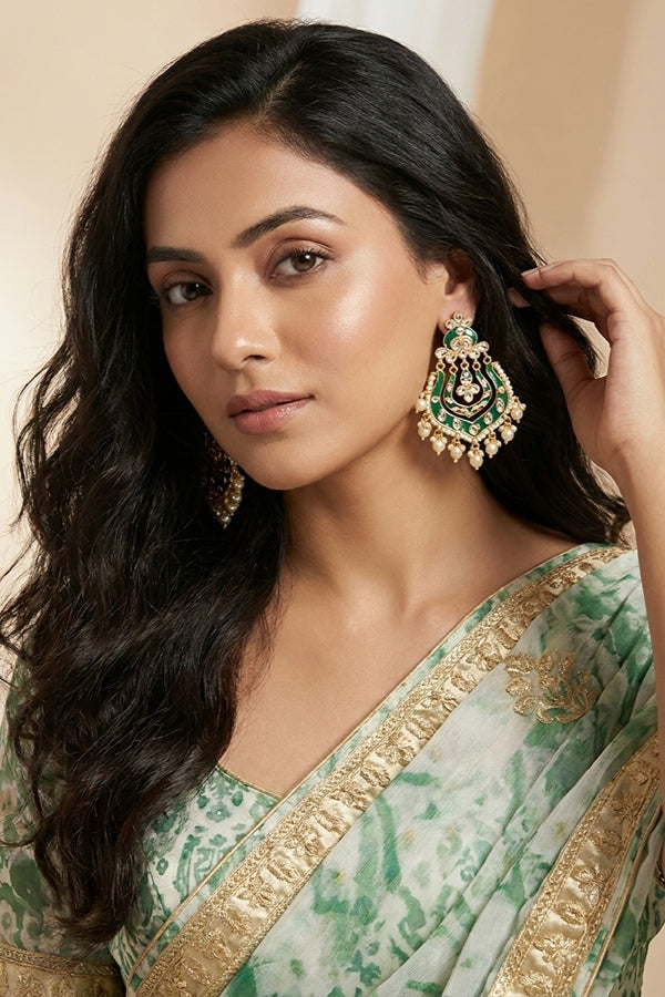 Fashionable Earrings In Green Color With White Pearls And Beads