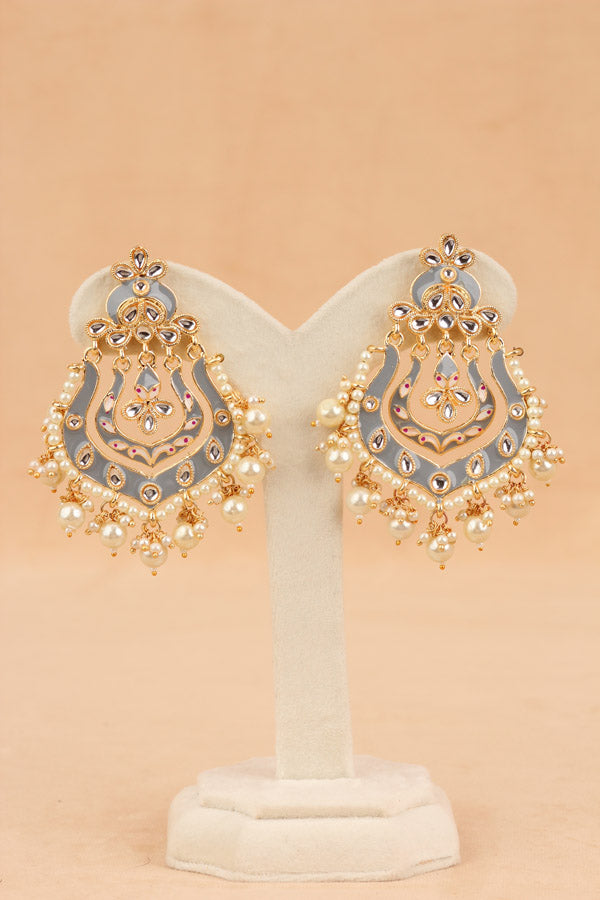 Fashionable Earrings In Grey Color With White Pearls And Beads (E005-GY-B1)