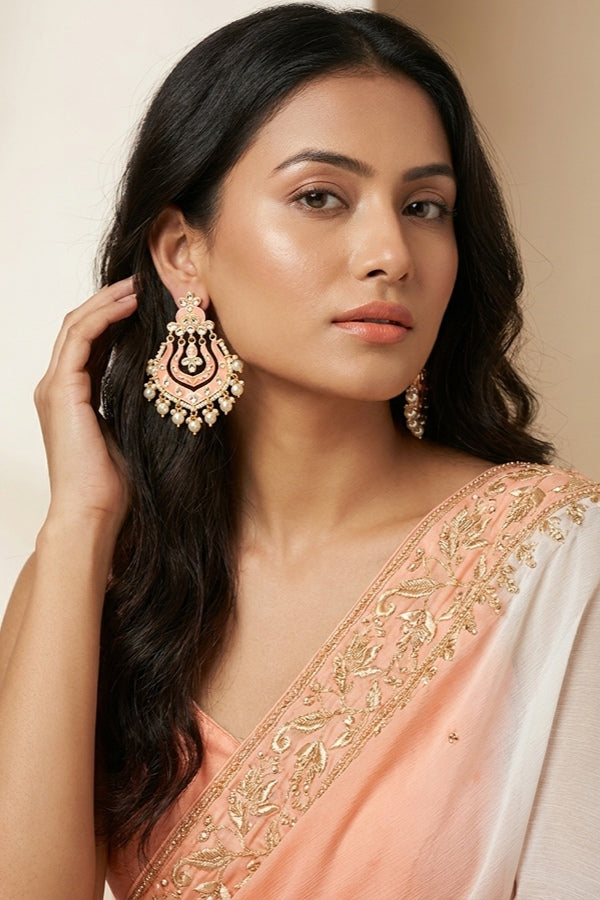 Fashionable Earrings In Peach Color With White Pearls And Beads
