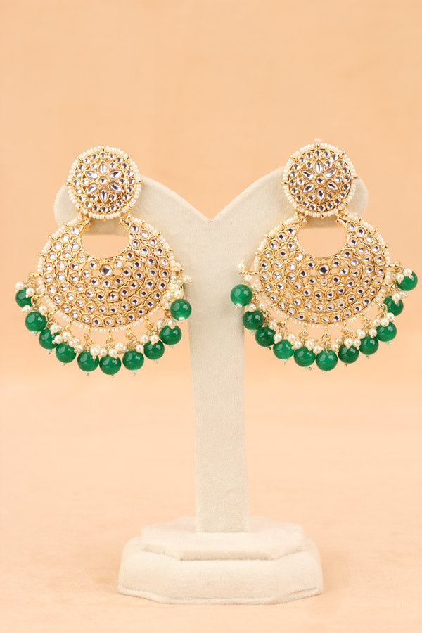 Statement Fashionable Earrings With Small White Beads And Green Pearls Attached (E006-G-B1)