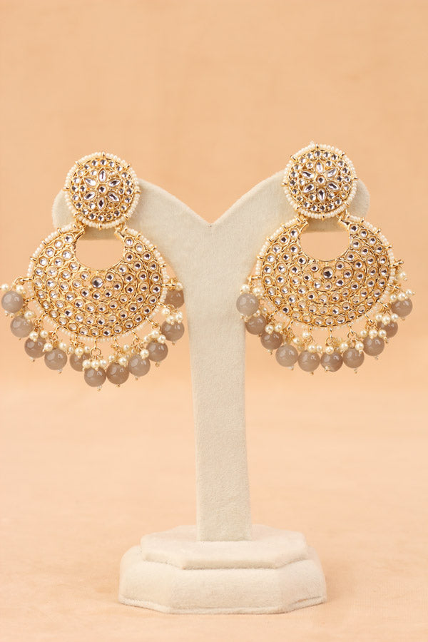 Statement Fashionable Earrings With Small White Beads And Grey Pearls Attached (E006-GY-B1)