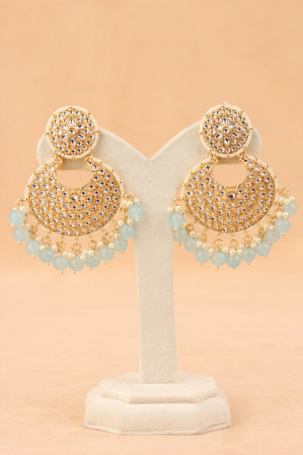 Statement Fashionable Earrings With Small White Beads And Light Blue Pearls Attached (E006-LB-B1)