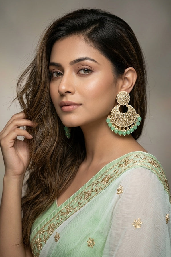 Statement Fashionable Earrings With Small White Beads And Light Green Pearls Attached