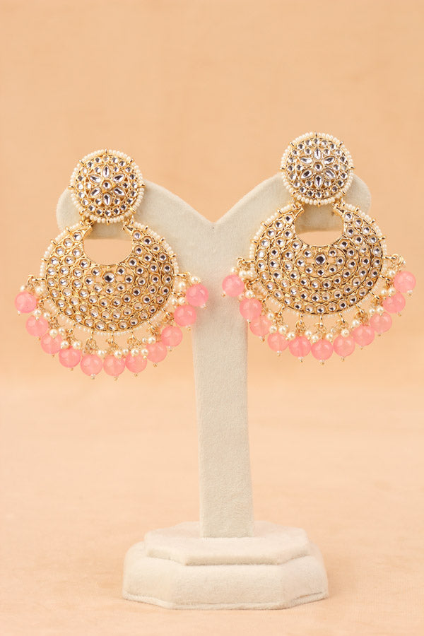 Statement Fashionable Earrings With Small White Beads And Pink Pearls Attached (E006-P-B1)