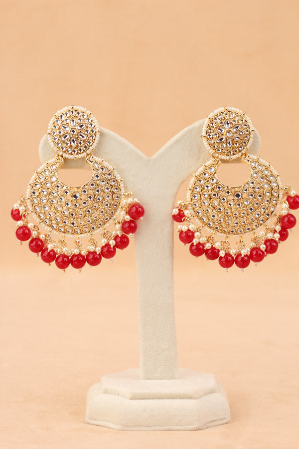 Statement Fashionable Earrings With Small White Beads And Red Pearls Attached (E006-R-B1)