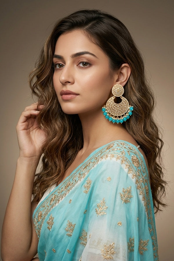 Statement Fashionable Earrings With Small White Beads And Turquoise Blue Pearls Attached