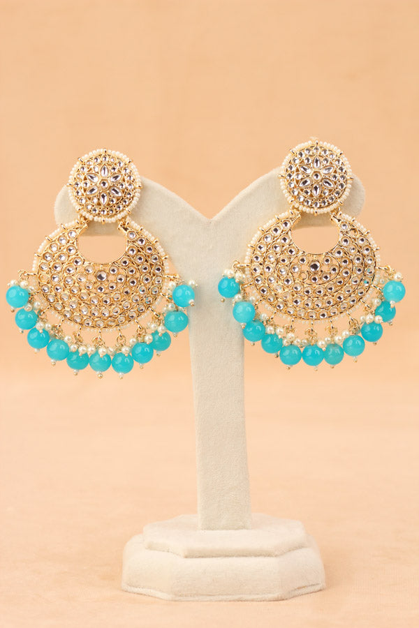 Statement Fashionable Earrings With Small White Beads And Turquoise Blue Pearls Attached (E006-TB-B1)