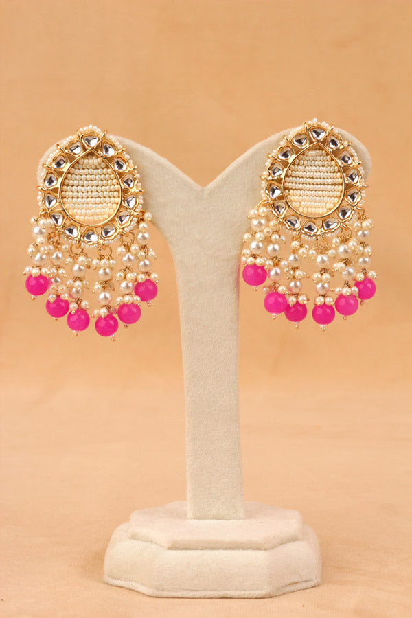 Stud Earrings With Center Beads White And Hot Pink Pearls Attached (E007-HP-B1)