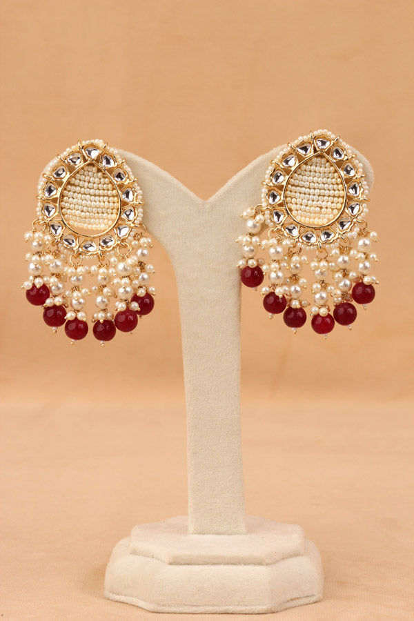 Stud Earrings With Center Beads White And Maroon Pearls Attached (E007-M-B1)