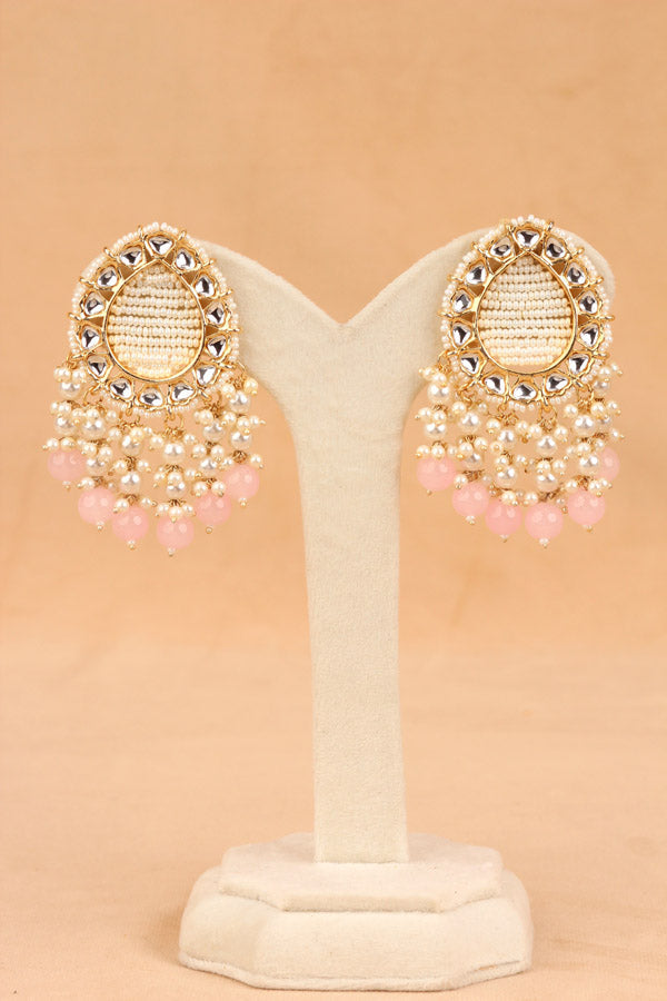 Stud Earrings With Center Beads White And Pink Pearls Attached (E007-P-B1)