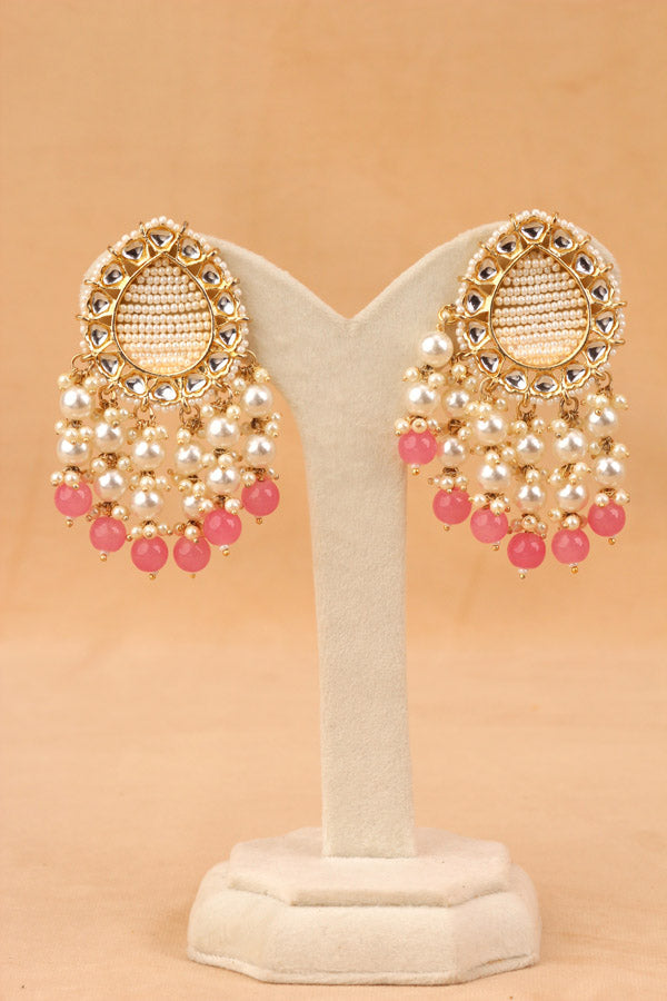 Stud Earrings With Center Beads White And Peach Pink Pearls Attached (E007-PEP-B1)