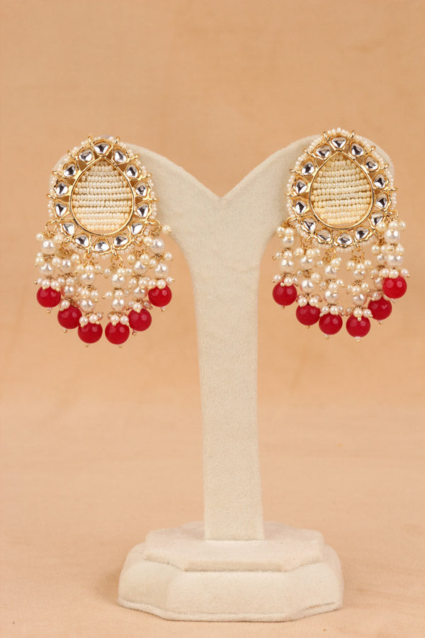 Stud Earrings With Center Beads White And Red Pearls Attached (E007-R-B1)