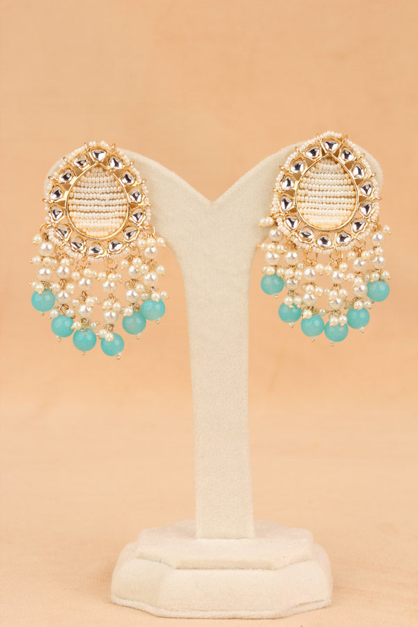 Stud Earrings With Center Beads White And Turquoise Blue Pearls Attached (E007-TB-B1)