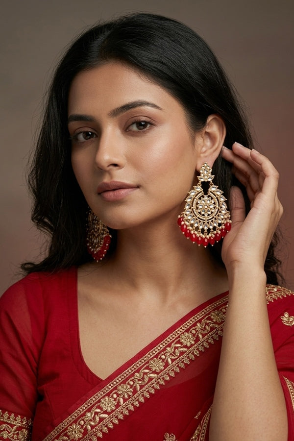 Fashionable Kundan Look Earrings With Cherry Red Pearls Attached