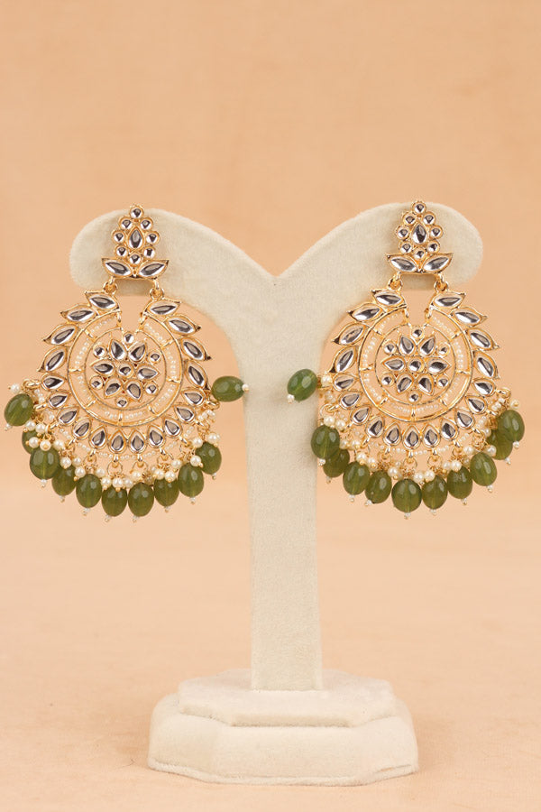 Fashionable Kundan Look Earrings With Mehndi Green Pearls Attached (E008-MG-B1)