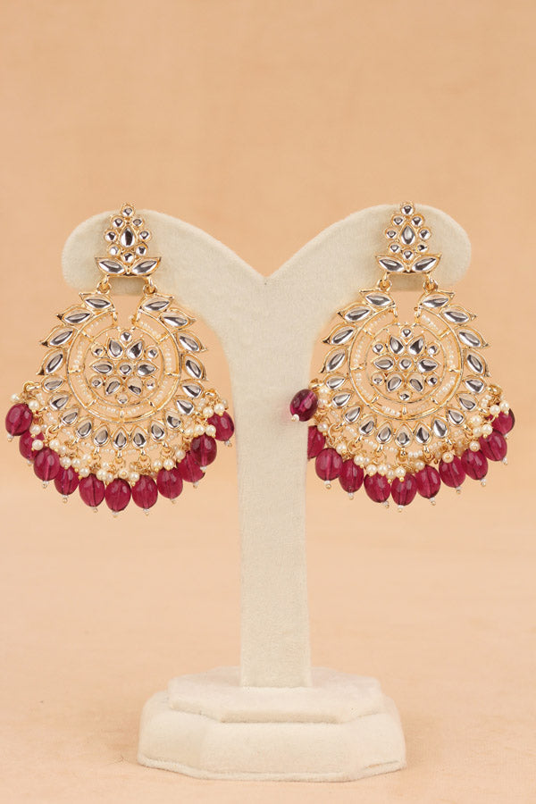 Fashionable Kundan Look Earrings With Onion Red Pearls Attached (E008-OR-B1)