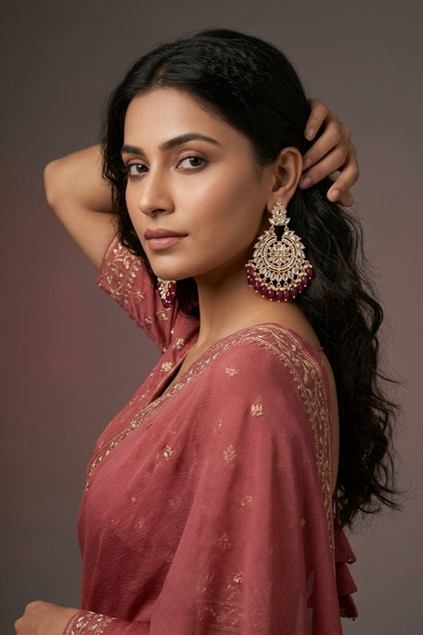 Fashionable Kundan Look Earrings With Onion Red Pearls Attached