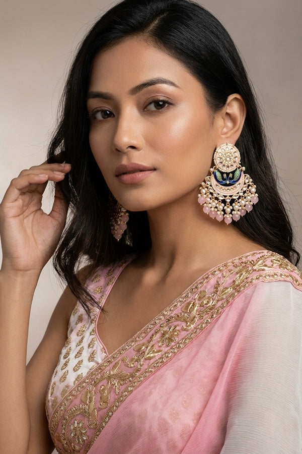 Peacock Earrings With White And Pink Pearls Attached
