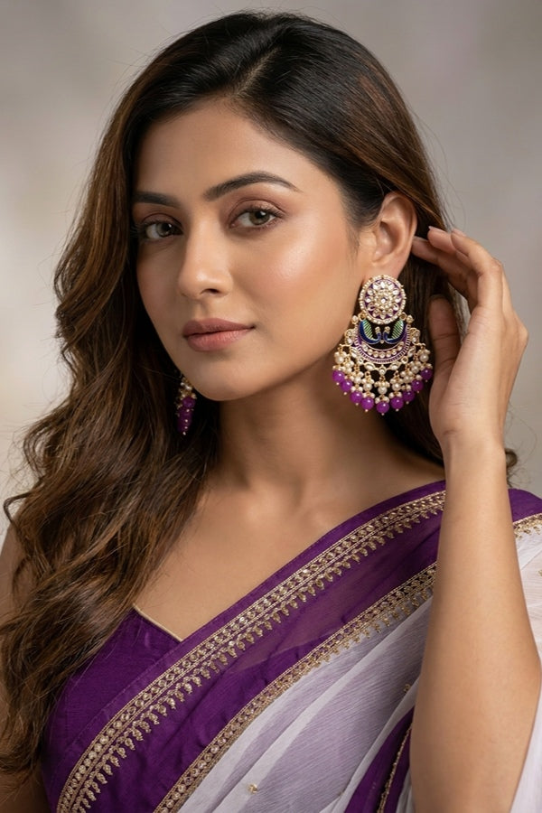 Peacock Earrings With White And Purple Pearls Attached
