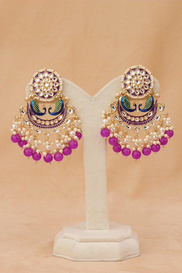 Peacock Earrings With White And Purple Pearls Attached (E010-PU-B1)