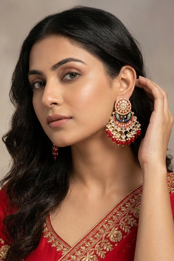 Peacock Earrings With White And Red Pearls Attached