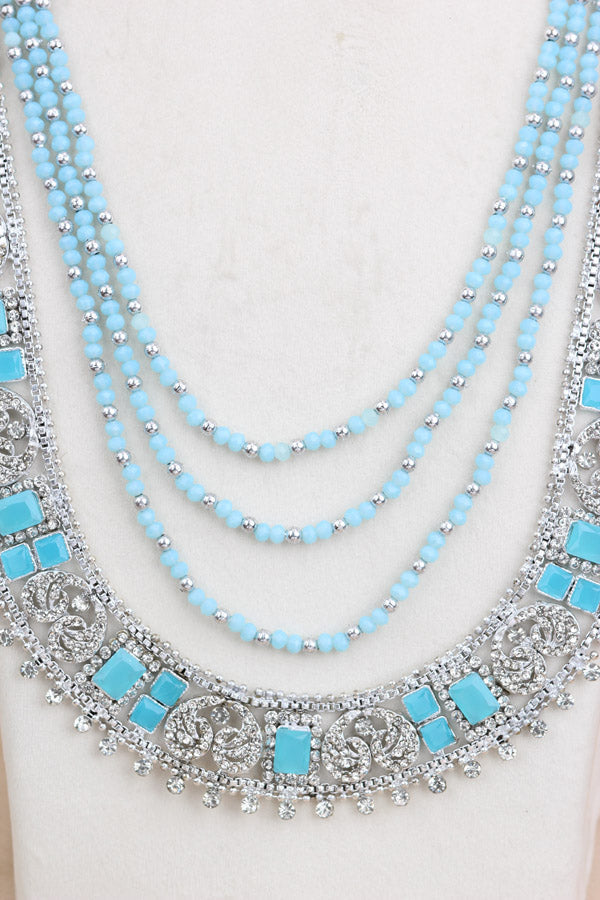 Fashionable Long Necklace In Silver Polish And Blue Stone (LN001-B-FA)