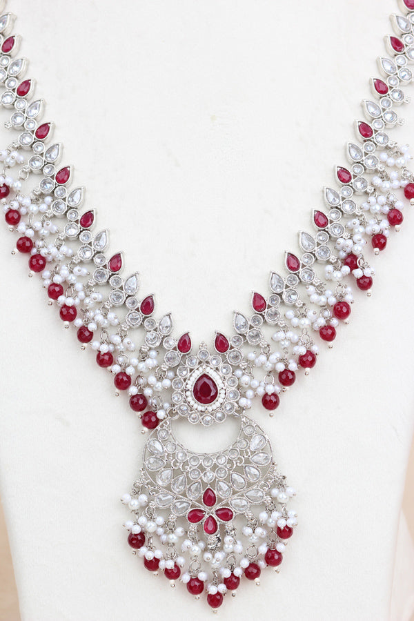 Red Long Necklace Set In Silver Polish With Red Pearls with Large Matching Earrings And Tikka (LN001-R-Polki)