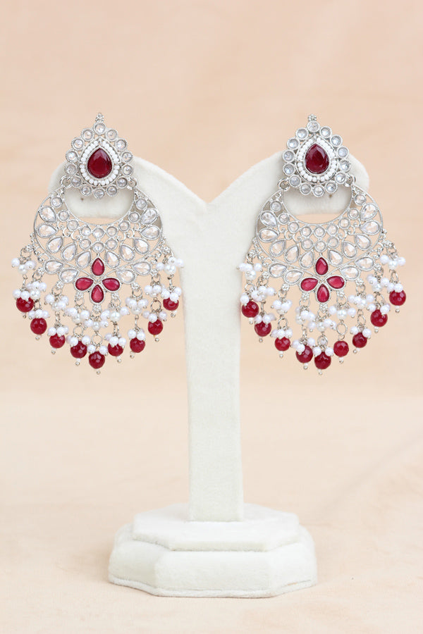 Red Long Necklace Set In Silver Polish With Red Pearls with Large Matching Earrings And Tikka (LN001-R-Polki)