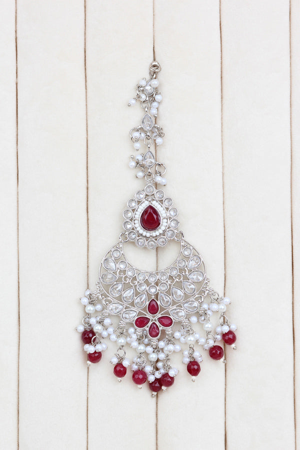 Red Long Necklace Set In Silver Polish With Red Pearls with Large Matching Earrings And Tikka (LN001-R-Polki)