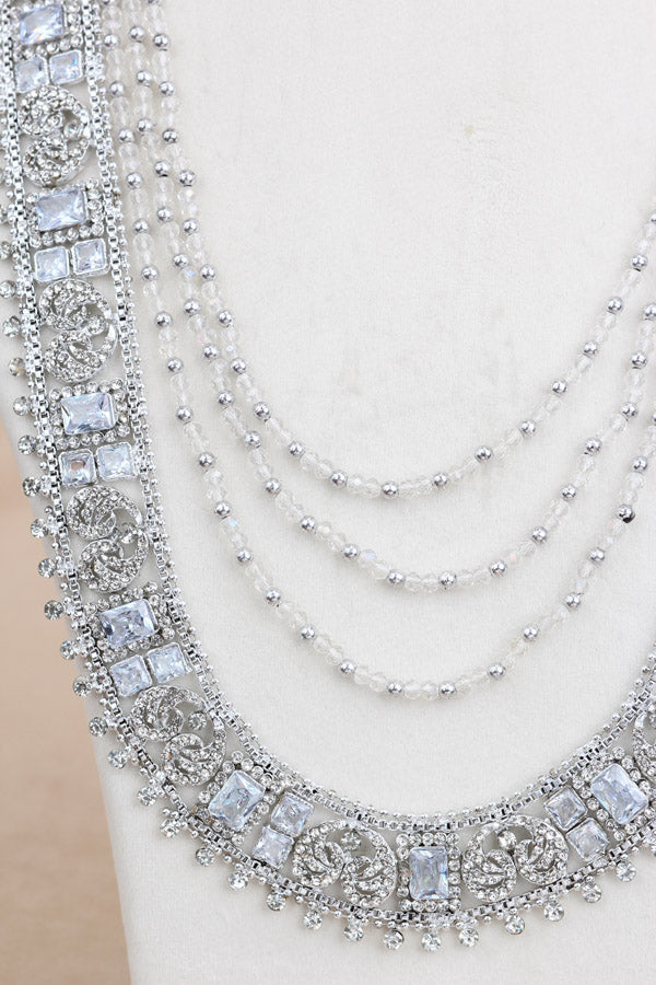 Fashionable Long Necklace In Silver Polish And Silver Stone (LN001-S-FA)